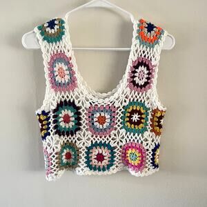 Boho Crochet Crop Camisole Overlay Top Womens Medium Multicolor Festival Chic